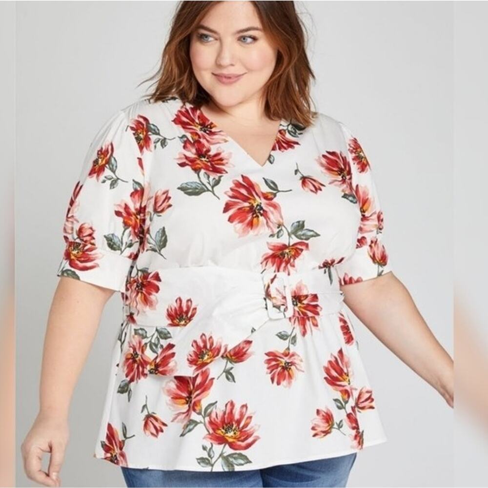 Lane Bryant Top 14 White Floral Belted Short Sleeve V-Neck Cotton Blend Blouse